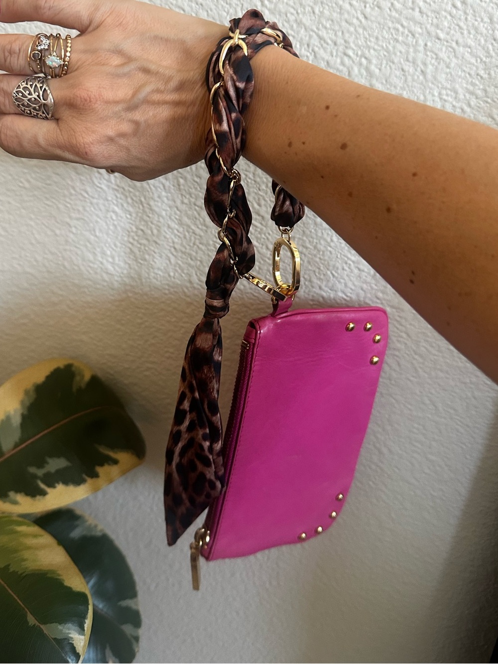 Tory Burch Magenta Pink wristlet clutch Leather Pouch Leopard Strap